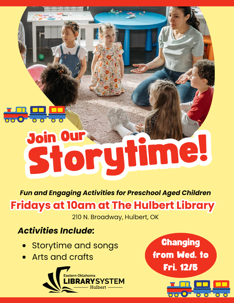 Join our Storytime! Now Fridays at 10am at the Hulbert Library
