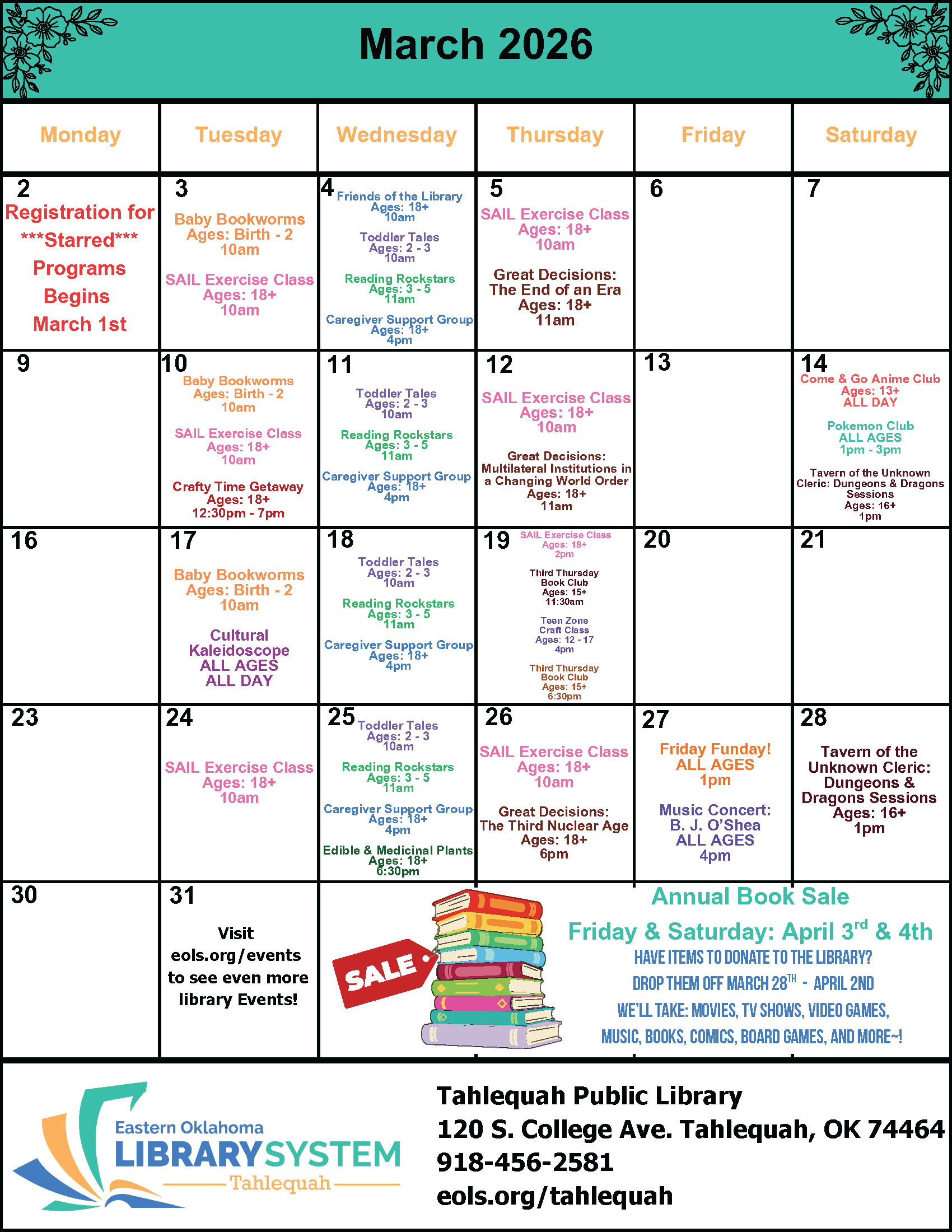 Upcoming Events in March 2026 at the Tahlequah Public Library
