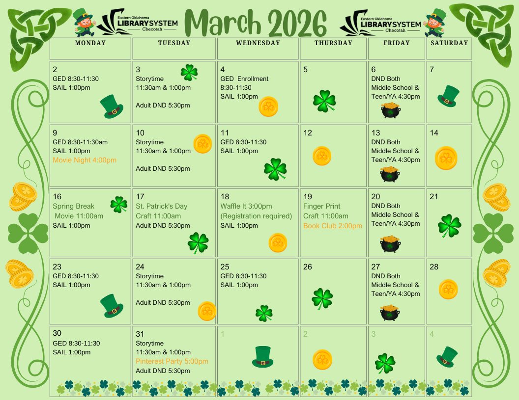 Checotah Library March Event Calendar