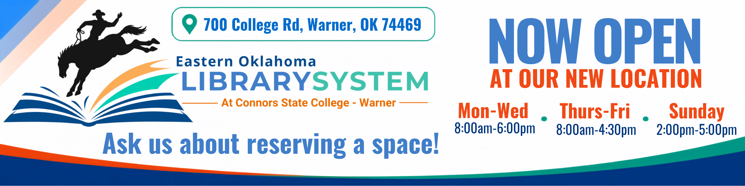 Warner Public Library - New Location and more hours! 700 College Road - Connors State College - Warner